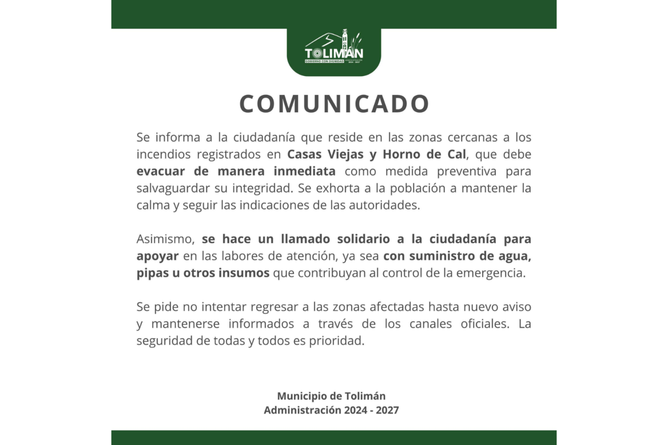 Tolimán evacúa comunidades por incendio que amenaza zonas habitacionales