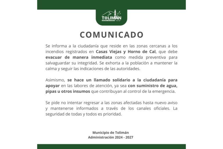 Tolimán evacúa comunidades por incendio que amenaza zonas habitacionales